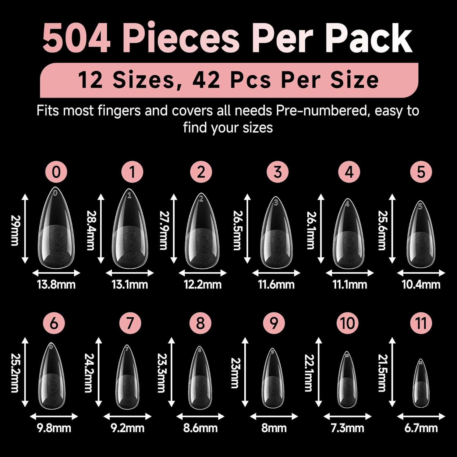 Long Almond Nail Tips: 504pcs Full Cover Soft Gel Nail Tips, 12 Sizes Pre-Etched Half Matte Almond Press on Nails No C Curve For Nail Extensions Home Salon-Velvo Beauty