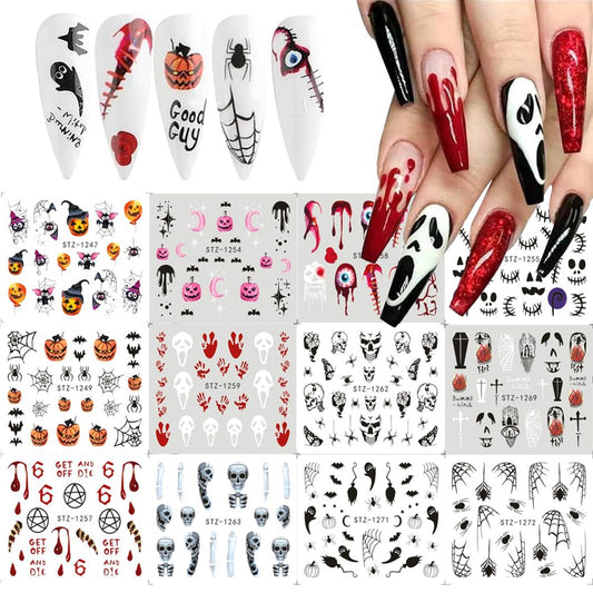 12 Sheets Halloween Nail Art Sticker Decals Horror Water Transfer Nails Foils Pumpkin Ghost Skull Spider Blood Evil Eye Halloween Design Nail Art Decoration Nail Slider Decal for Women DIY Nail Supply-Velvo Beauty
