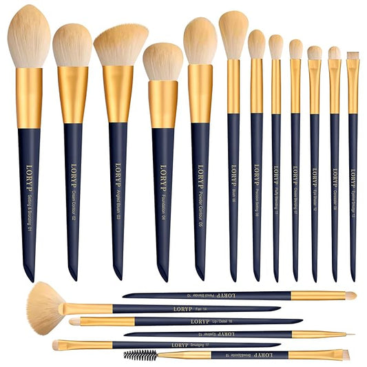 LORYP Makeup Brushes Set Labeled 18 Piece Face and Eye Brush Set Ultra soft hair Foundation, Concealer, Blush, Contour, Blending, Eyeshadow Blue Brush kit-Velvo Beauty