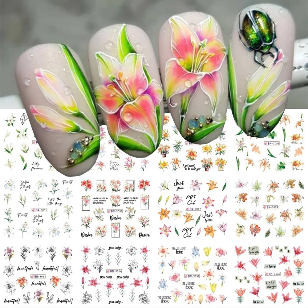 12 Designs Flower Nail Art Stickers - Lily Acrylic Decals for Spring Summer Decorations - Colorful Assorted Floral Water Transfer Slider Foil Sticker for Women-Velvo Beauty