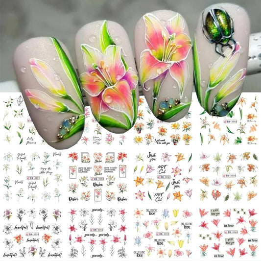 12 Designs Flower Nail Art Stickers - Lily Acrylic Decals for Spring Summer Decorations - Colorful Assorted Floral Water Transfer Slider Foil Sticker for Women-Velvo Beauty
