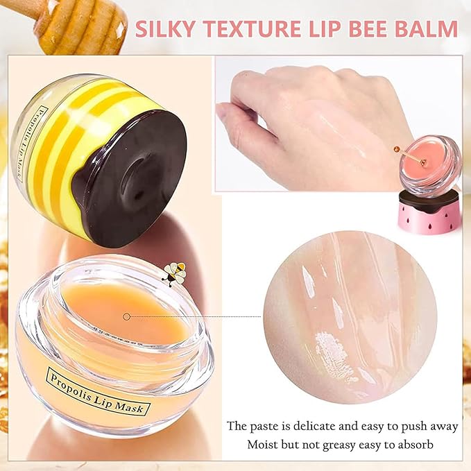 2 PCS Bee Lip Balm Honey Pot, Watermelon & Strawberry Sleeping Lip Mask Overnight, Hydrating Prevention Dry and Cracked Lip Scrub, Reduces Lip Lines, Brightening Lip Color-Velvo Beauty