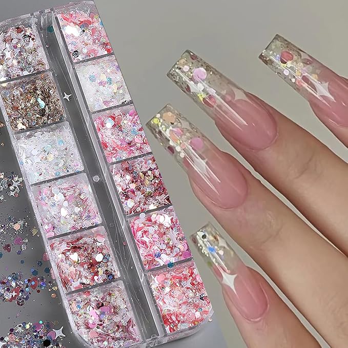 12 Grids Star Nail Art Glitter Sequins Heart Shaped Mermaid Nail Sequins Holographic Mermaid Nail Flakes Sticker Sequin Heart Nail Art Glitter for Women DIY Acrylic Nail Decoration-Velvo Beauty