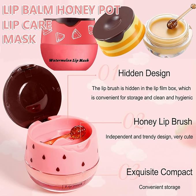 1PCS Bee Lip Balm Honey Lip Balm,Exfoliating Honey Pot Lip Balm Sleeping Lip Mask with Brush, Hydrating & Prevention Dry and Cracked, Lip Scrubs Exfoliator & Moisturizer-Velvo Beauty