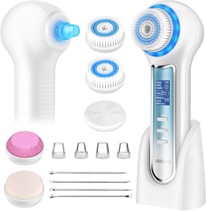 Face Scrubber Exfoliator,Facial Cleansing Brush Waterproof with LCD Screen,Blackhead Remover Vacuum with 5 Brush Heads,Face Spin Brush for Exfoliating (White-Blue)-Velvo Beauty