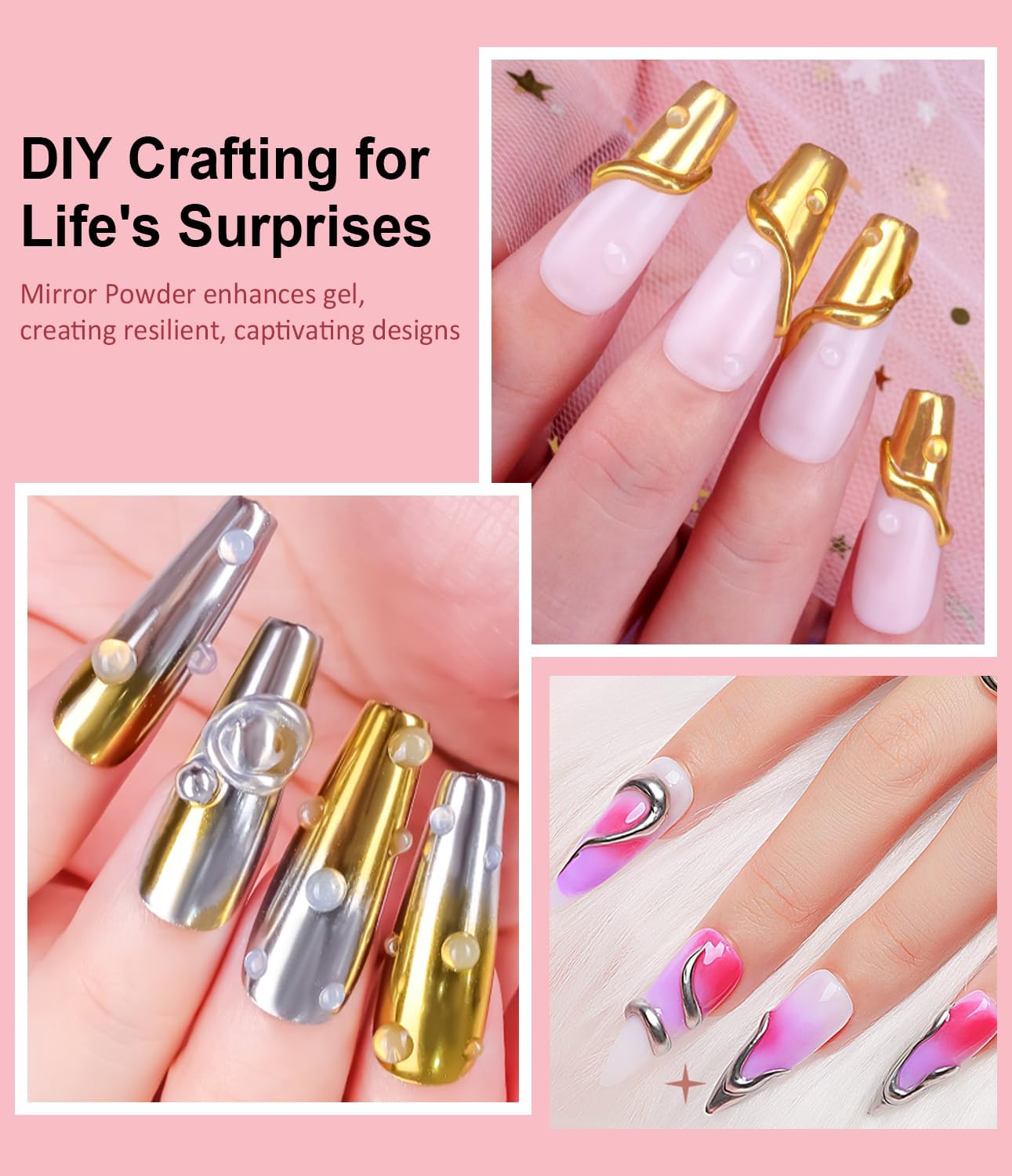 3D Nail Gel Art BISHENGYF - Rose Gold Chrome Nail Powder 15g 3D Nail Gel with Laser White Nail Powder Non-Sticky Clear 3D Sculpting for Art Home DIY-Velvo Beauty