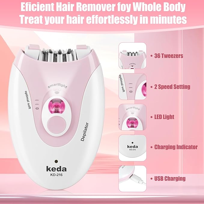 Epilator for Women, Epilators with LED Light, Dual Speed Hair Removal Device, Facial Hair Removal Women, Cordless, Epilators Hair Removal Rechargeable, for Epilator Bikini, Face, Arm, Legs, Armpits-Velvo Beauty