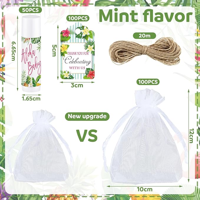 Demissle 50 Pcs Baby Shower Lip Balm Gift Set with 100 Pcs Organza Bags Baby Shower Party Favor for Guest Thank You Tag Rope Baby Shower Party Decoration Gender Reveal Souvenirs (Tropical)-Velvo Beauty