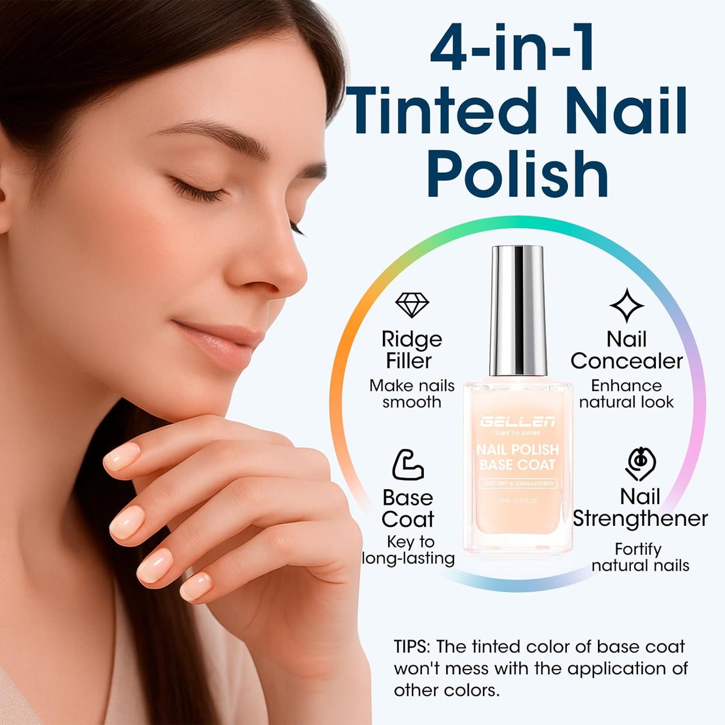 GELLEN 4‑in‑1 Clear Nail Polish Base Coat Sheer Tinted Cream Milky, Ridge Filler For Nails, Nail Strengthener Concealer, Calcium Formula Smoothes Strengthens Nails, Enhances Natural Look, HEMA Free-Velvo Beauty
