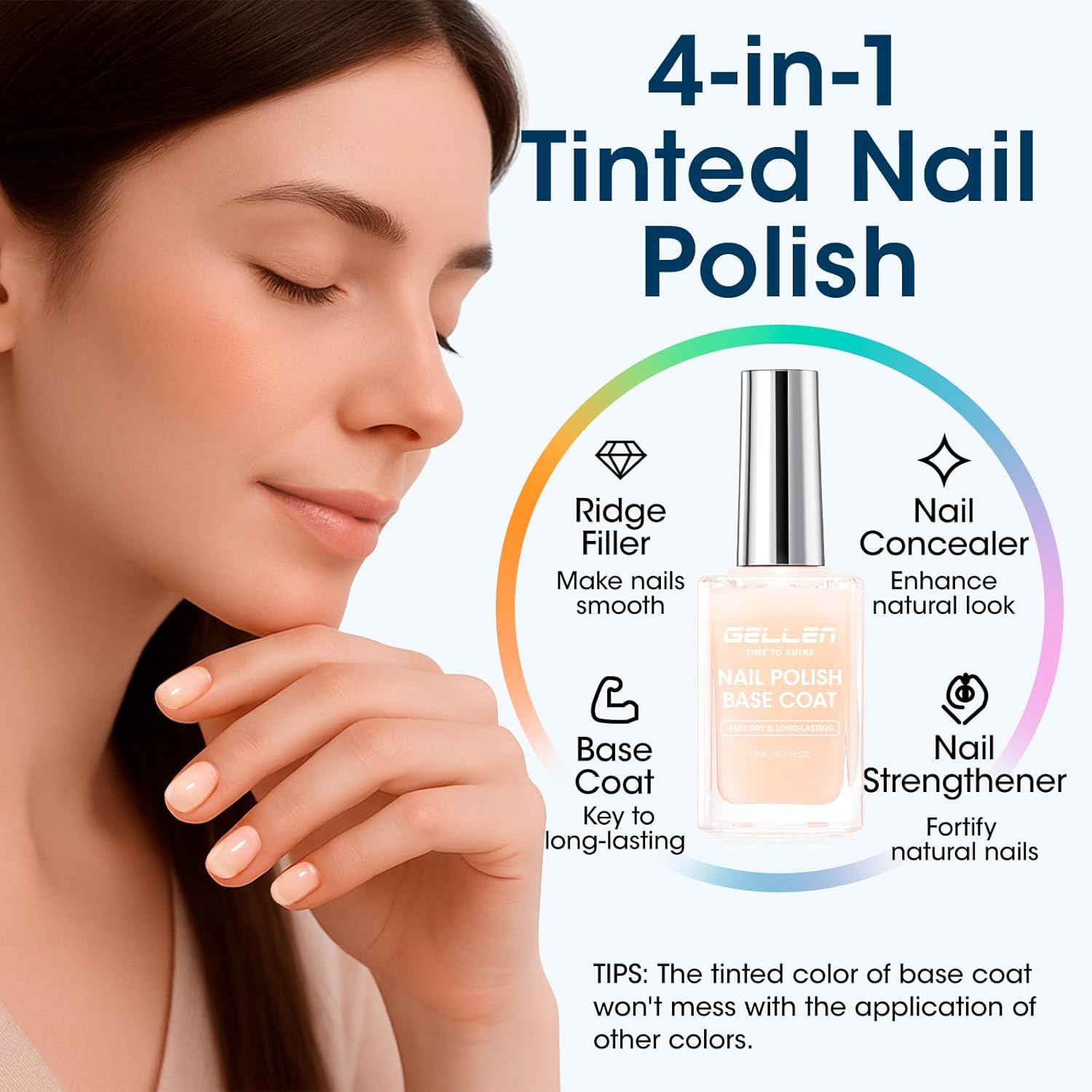 GELLEN 4‑in‑1 Clear Nail Polish Base Coat Sheer Tinted Cream Milky, Ridge Filler For Nails, Nail Strengthener Concealer, Calcium Formula Smoothes Strengthens Nails, Enhances Natural Look, HEMA Free-Velvo Beauty
