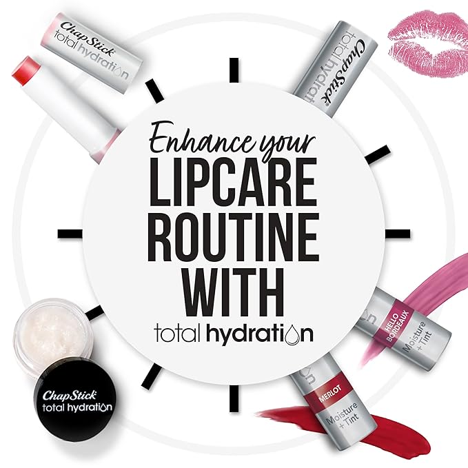 ChapStick Total Hydration Tinted Lip Balm Tubes and Lip Scrub Regimen Pack, Tinted Lip Moisturizer and Exfoliator - 0.12 Oz Lip Balm (4 Count) and 0.27 Oz Lip Scrub-Velvo Beauty