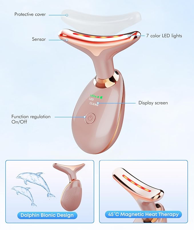 Red Light Therapy for Face and Neck, 7 Color Face Massager Tool for Wrinkles, Double Chin, Vibrating Facial Massager with Thermals for Skin Care, Rose Gold-Velvo Beauty