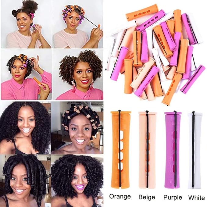 40pcs Perm Rods Set for Natural Hair 4 Sizes Cold Wave Rods Hair Rollers for Women Curling Rods for Long Medium Small Hair Curler Styling DIY Hairdressing Tools（Orange+Beige+Purple+white）-Velvo Beauty
