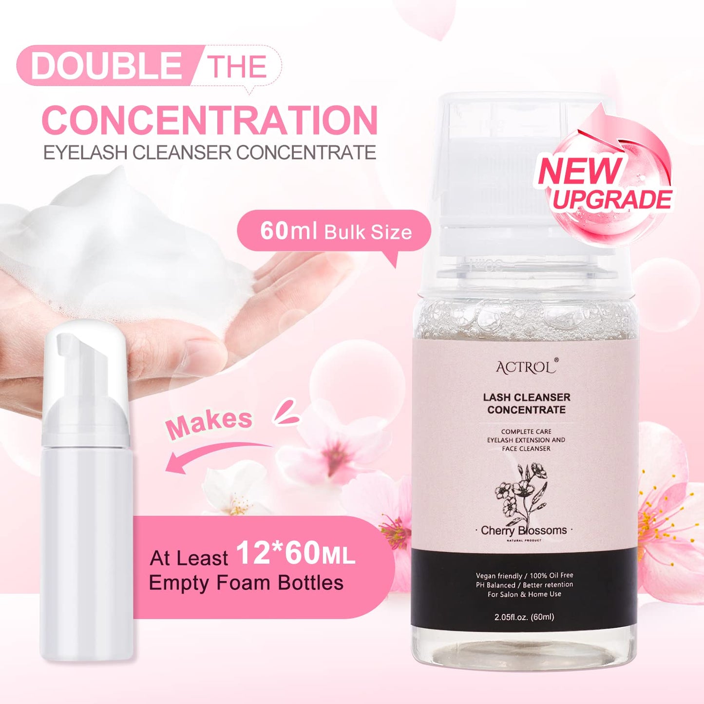 Eyelash Cleanser Concentrate 60ml Cherry Blossom Professional Lash Shampoo Foaming Cleanser DIY Non-lrritating Wash for Extensions Lashes with Salon Home Care-Makes 12 Bottles-Velvo Beauty