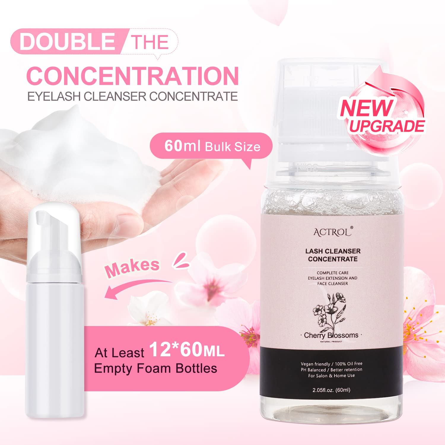 Eyelash Cleanser Concentrate 60ml Cherry Blossom Professional Lash Shampoo Foaming Cleanser DIY Non-lrritating Wash for Extensions Lashes with Salon Home Care-Makes 12 Bottles-Velvo Beauty
