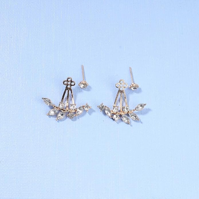 Boho Crystal Leaf Ear Jackets Earrings Gold Cz Crystal Earrings Rhinestone Front Back Studs Earrings Minimalist Earrings Jewelry for Women and Girls Gifts-Velvo Beauty
