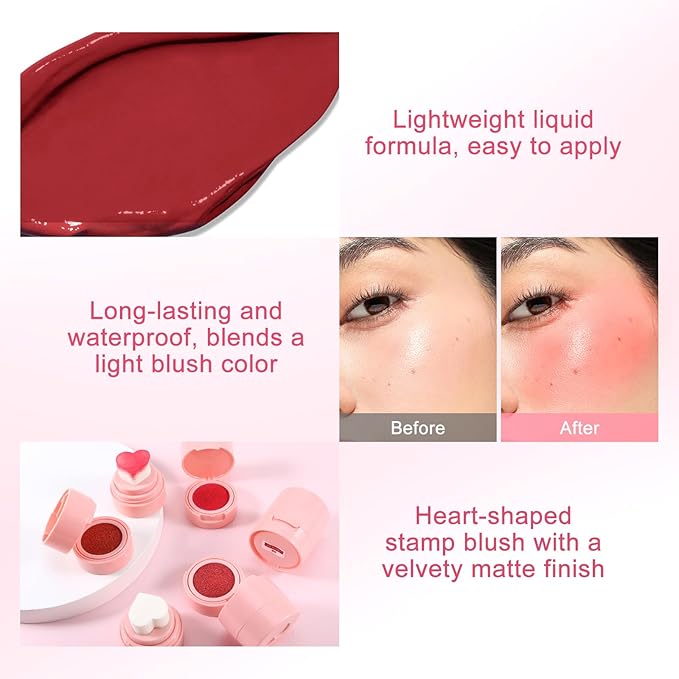 Boobeen Liquid Blush for Cheeks, Buildable & Blendable Face Blusher, Cheek Stamp Blush with Heart-shaped Applicator, Lightweight Air Cushion Blush for Velvet Matte Finish-Velvo Beauty