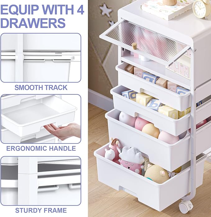 Utility-Rolling-Storage-Drawer-Craft-Cart-Organizers with 4 Drawers & Dust-proof Door for Kid Craft Art Room,Bedroom,Home Office, Craft Drawer cart, Classic White-Velvo Beauty