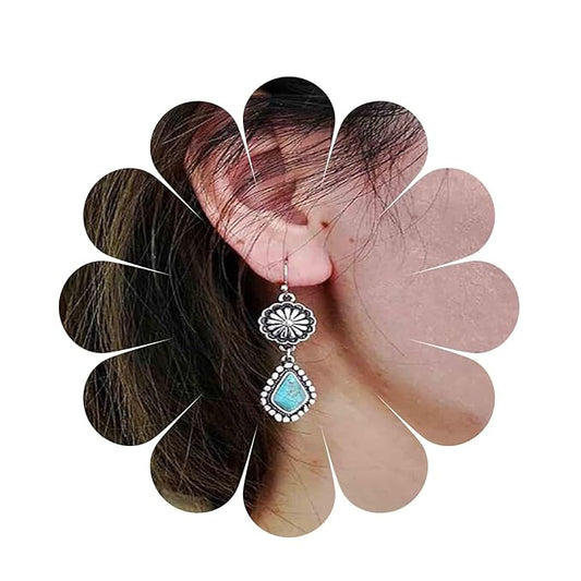 Boho Oval Turquoise Earrings Silver Circle Dangle Drop Earrings Vintage Flower Earrings Tribal Earrings Jewelry for Women and Girls-Velvo Beauty