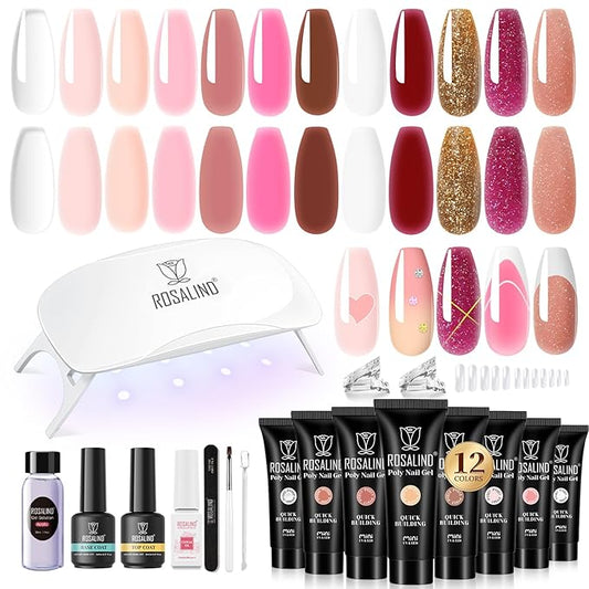 ROSALIND 12PCS Pink Brown Poly Nail Gel Kit with Mini Nail Lamp White Glitter Pink Poly Extension Gel Set-Velvo Beauty