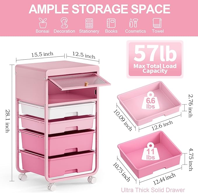Utility-Rolling-Storage-Drawer-Craft-Cart-Organizers with 4 Drawers & Dust-Proof Door for Kid Craft Art Room,Bedroom,Home Office, Classroom, Rose Pink-Velvo Beauty