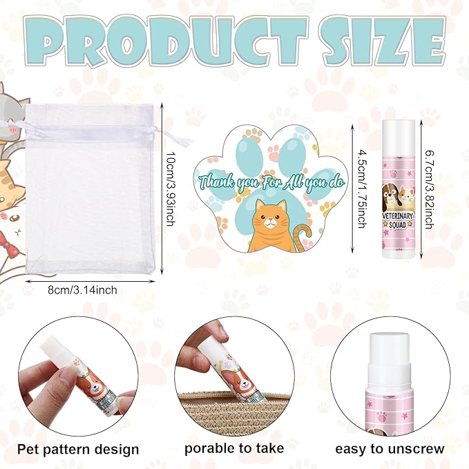 36 Sets Vet Tech Gift Animal Lip Balm Thank You Tag Organza Bag Veterinarian Appreciation Gifts Vet Tech Week Gift for Veterinary Technologist Nurse Birthday Christmas End of Year Supplies-Velvo Beauty