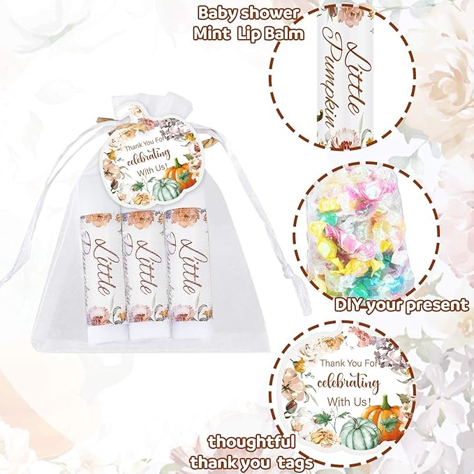 Demissle 50 Pcs Baby Shower Lip Balm Gift Set with 100 Pcs Organza Bags Baby Shower Party Favor for Guest Thank You Tag Rope Baby Shower Party Decoration Gender Reveal Souvenirs (Pumpkin and Flowers)-Velvo Beauty