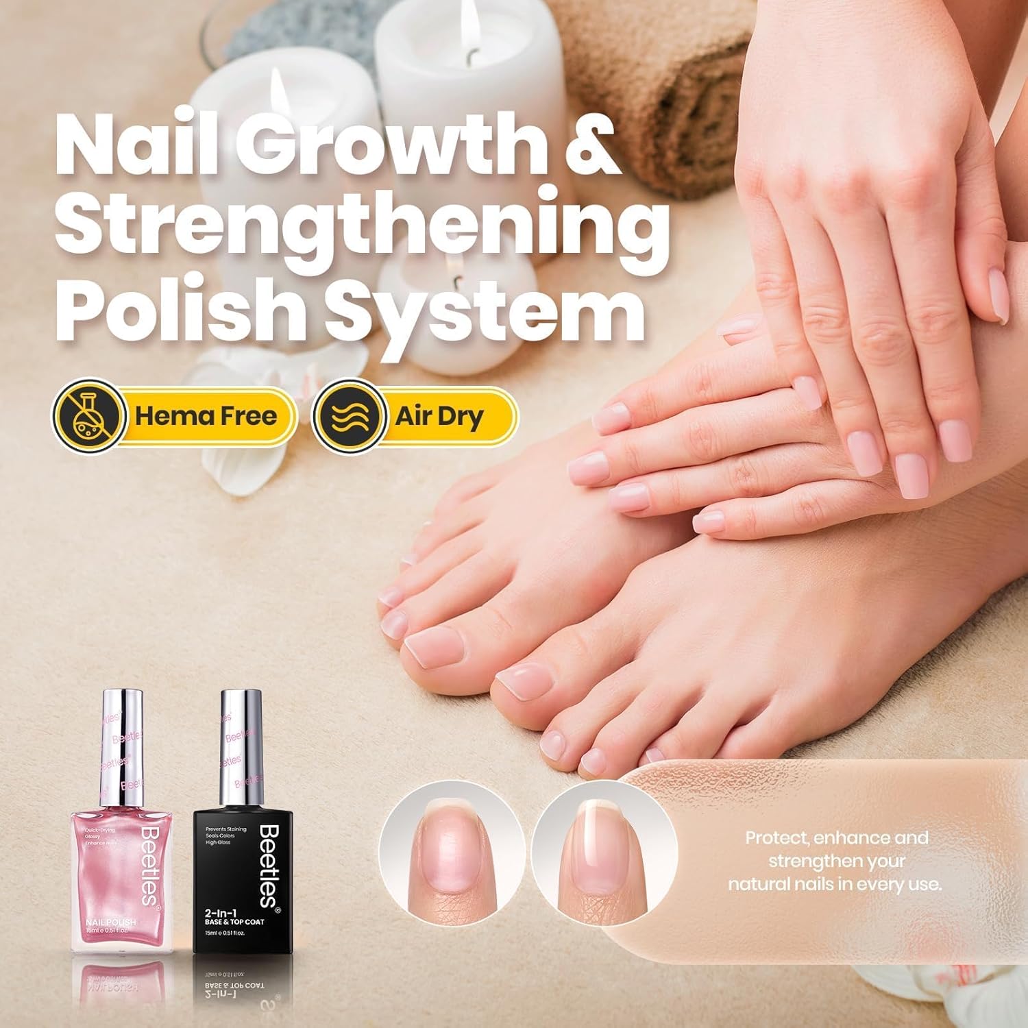 Beetles Nail Polish,15 ML Pearl Pink Nail Polish with 2 in 1 Base Top Coat -Fast Drying & Long Lasting Pearl Romantic Reverie Valentine's Day Gift for Women-Velvo Beauty