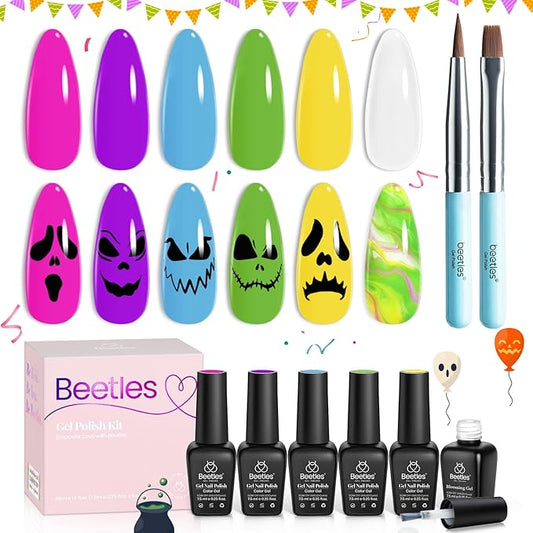 Beetles Halloween Gel Nail Polish with Blooming Gel, 5 Colors Neon Pink Green Blue Purple Yellow Nail Polish Clear Blooming Polish for Spreading Effect with 2 Nail Art Brushes Nail Art Set for Women-Velvo Beauty
