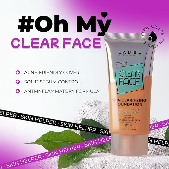Lamel- Oh my Clear Face Foundation- SPF15-408 Golden | Contains tea tree extract and salicylic acid |Controls sebum production |Anti-blemish formula |SPF 15 |Oil free foundation | 40ml-Velvo Beauty