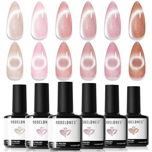 modelones Cat Eye Gel Nail Polish, 6 Colors Nude Gel Polish Pink Glitter Brown with Magnet Sparkle Galaxy Series Nail Polish Kit Soak Off Led Nail Art Manicure Salon DIY Gifts-Velvo Beauty