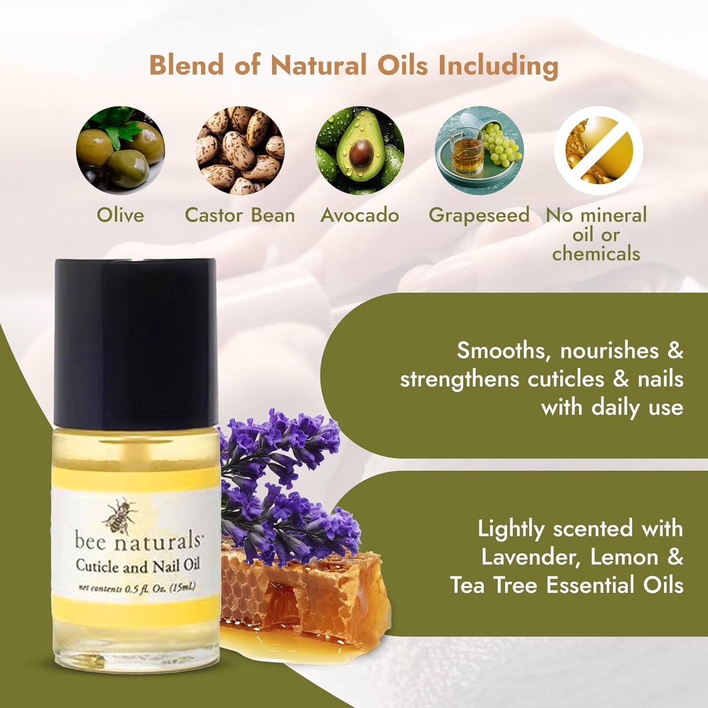 Bee Naturals Nail & Cuticle Oil 0.5 oz - Heals Cracked Nails & Rigid Cuticles. Deep moisture for nails and cuticles. Contains rich avocado and castor oils. Massage into nails and cuticles.-Velvo Beauty