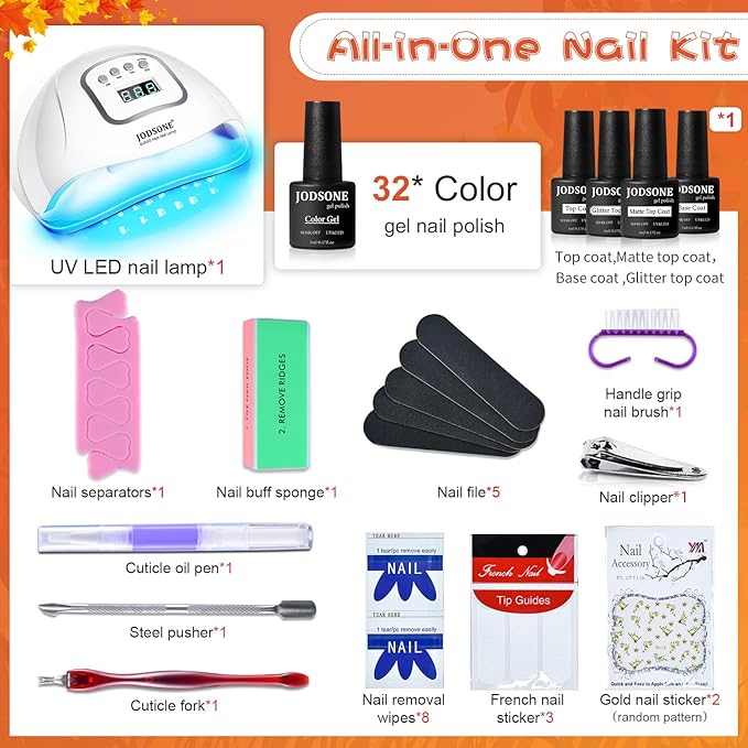 JODSONE 36 Pcs Gel Nail Polish Kit with U V Light of 32 Color Gel Polish Nail Collections Base and Top Glitter Coat Manicure Tools-Velvo Beauty