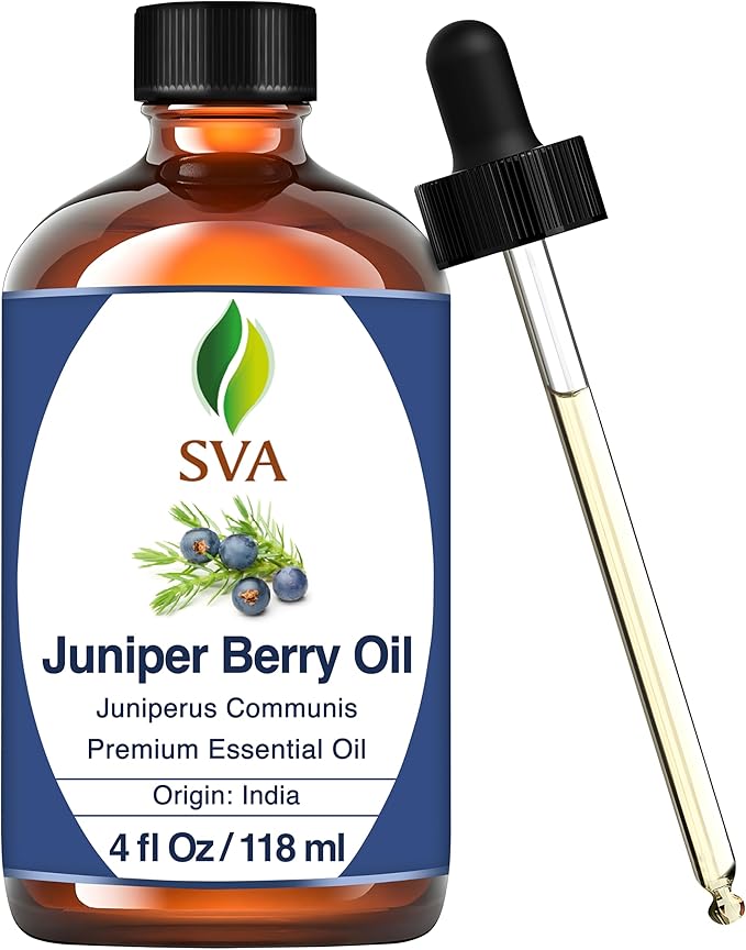 SVA Juniper Berry Essential Oil – 4 Fl Oz – 100% Natural Juniper Oil - for Diffuser, Hair Care, Face, Skin Care, Aromatherapy, Scalp and Body Massage, Soap and Candle Making – with Dropper-Velvo Beauty