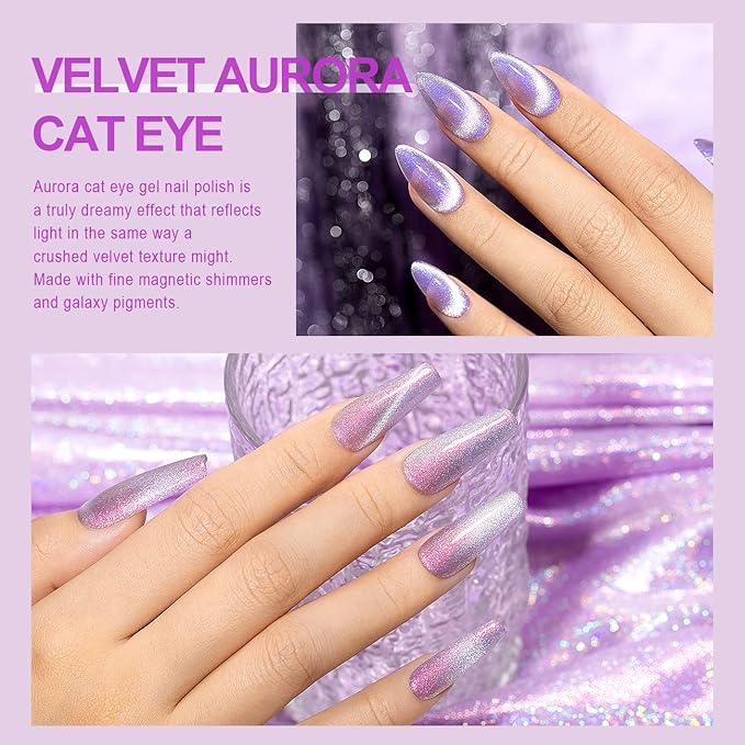 RARJSM Aurora Cat Eye Gel Nail Polish Set 6 Colors Velvet Silver Glitter Purple Pink Green Champagne Galaxy Star Cloud Ice Gel Polish with Magnet Stick UV LED Curing Requires Soak Off Home Salon-Velvo Beauty