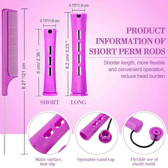 48 Pieces Hair Perm Rods Short Cold Wave Rods Plastic Perming Irons Hair Curling Rollers Curlers with Steel Pintail Comb Rat Tail Comb for Hairdressing Styling Supplies(0.75 Inch,Purple)-Velvo Beauty