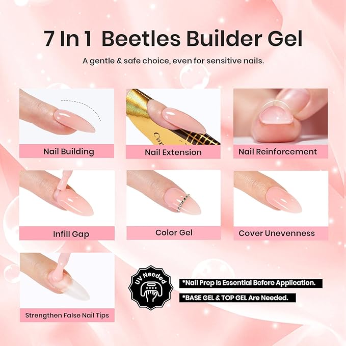 Beetles Pink Nude Builder Gel for Nails 7 in 1 Strengthener Gel for Nail Apex & Thickening Nail Extension DIY Salon at Home Beauty Gift Sets for Women Base Coat Top Coat Needed-Velvo Beauty