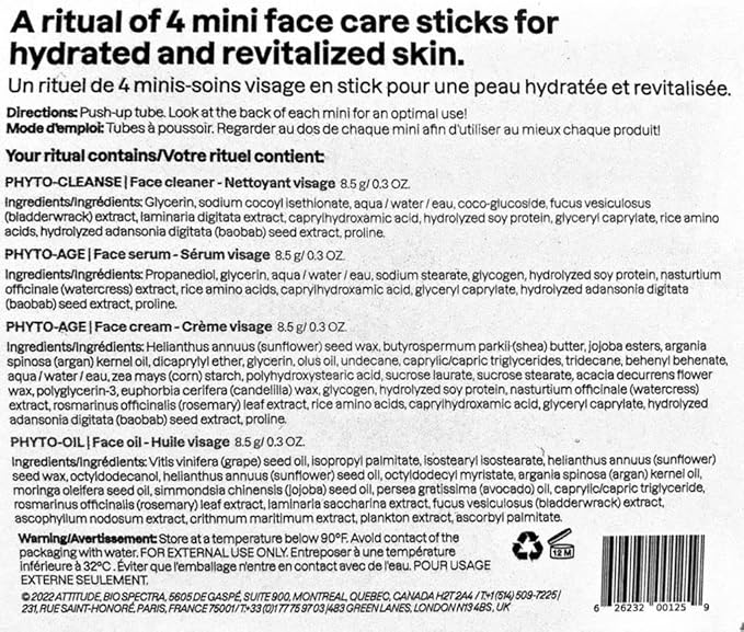 ATTITUDE Oceanly Aging Skin Daily Facial Care Routine Box Set, EWG Verified, Plastic-free, Plant and Mineral-Based Ingredients, Vegan and Cruelty-free, PHYTO AGE, Set of 4 Travel Size Bars-Velvo Beauty
