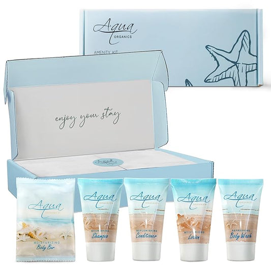 1-Shoppe All-In-Kit|Aqua Organics Amenity Kit|Boxed Hotel Toiletries|Bulk Set 1oz Travel Size Shampoo,Conditioner,Lotion,Body Wash & Bar Soap for Guest Hospitality AirBnB/Vacation Rentals|5 Pieces-Velvo Beauty