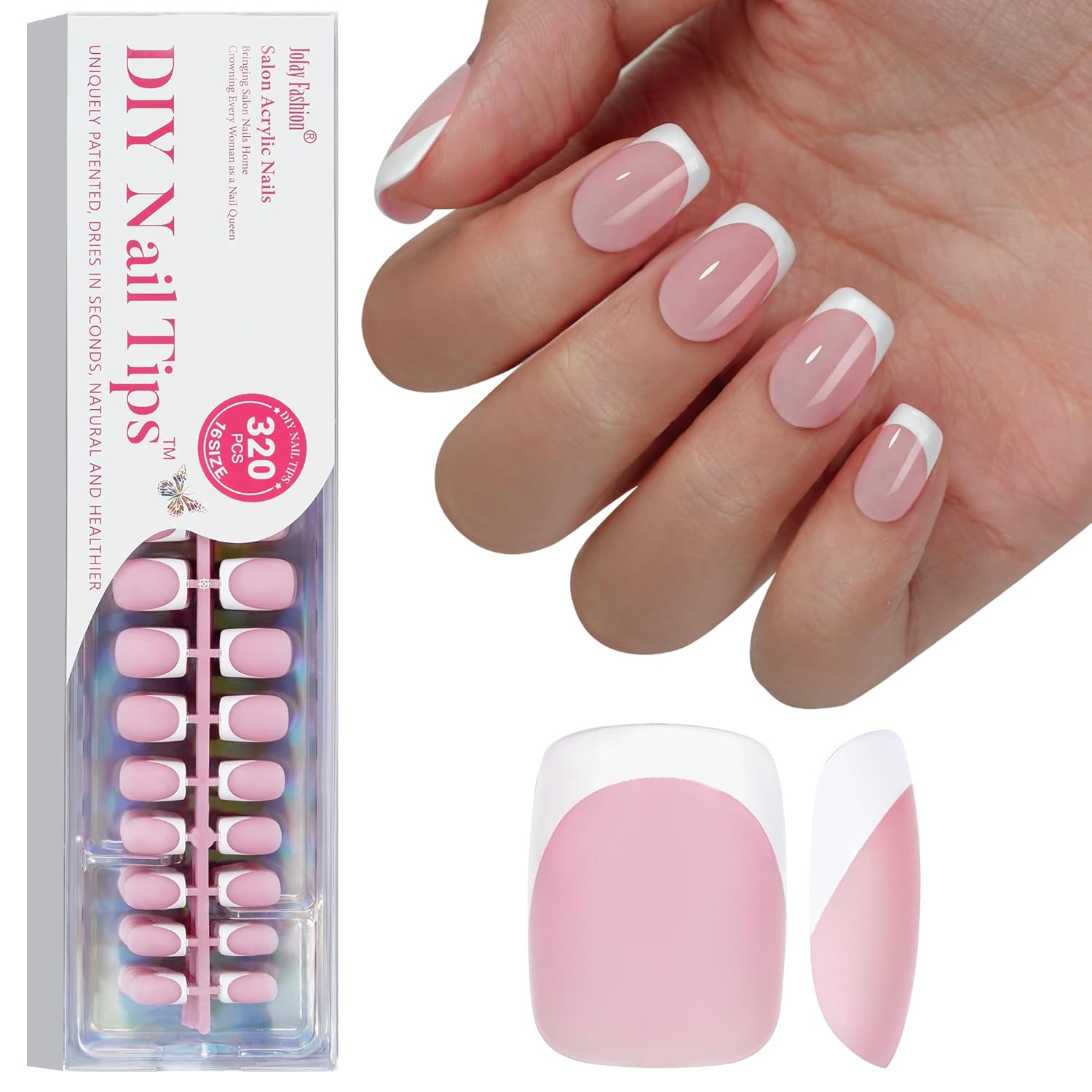 French Gel Nail Tips - Jofay Fashion French Tip Press on Nails, 10-Piece Set 320Pcs Short Square Nail Tips, Pre-applied Tip Primer & Base Coat, No Need to File Fake Nails for Nail Extension, 16 Sizes-Velvo Beauty