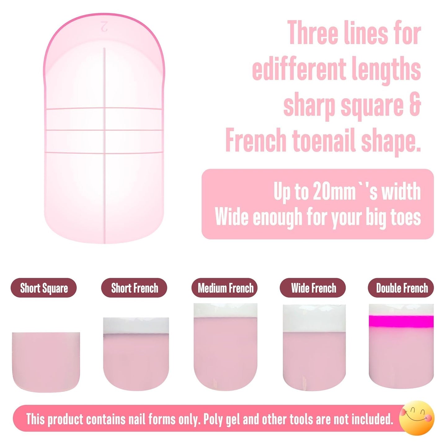 300 Pcs Toe Nail Dual Forms for Poly Gel Toenail Extension, PINK, Reusable Molds for Polygel Buider Hard Gel Acrylic French Tip Toenails, for Nail Art Salon Pedicure & DIY at Home 15 sizes-Velvo Beauty