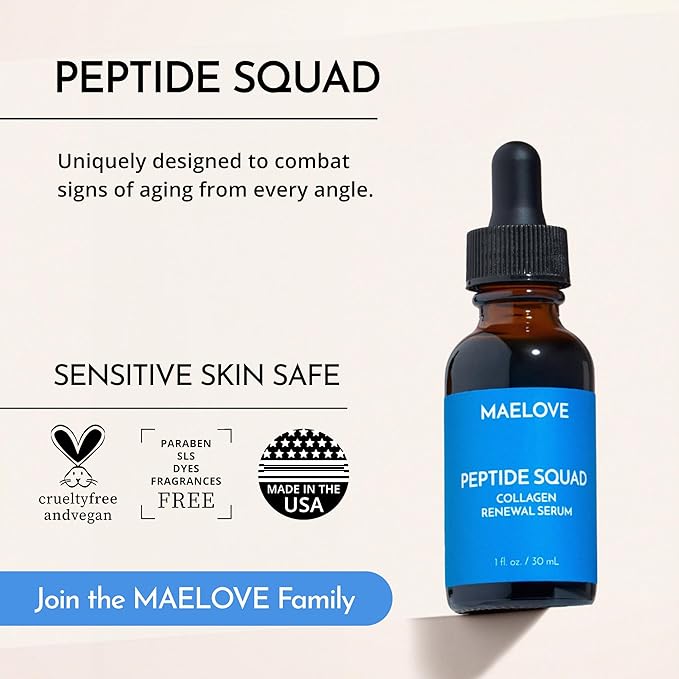 MAELOVE Peptide Squad Collagen Renewal Serum with Copper Peptides, Argireline, Matrixyl 3000 + Hyaluronic Acid and Niacinamide for Wrinkles, Fine Lines, and Skin Elasticity-Velvo Beauty