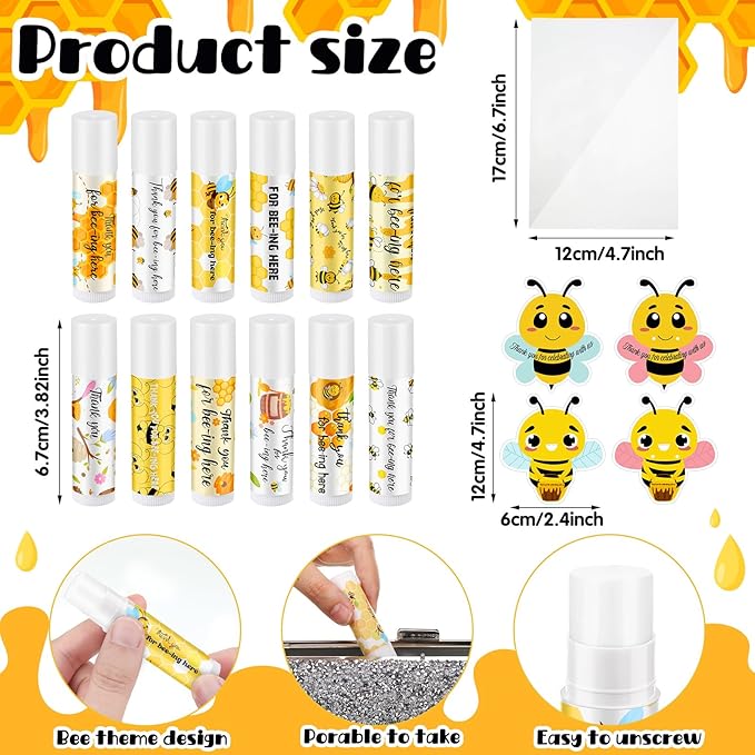 48 Sets Bee Lip Balm with Bee Themed Thank Card Tags Baby Shower Favor Bulk Bee Themed Gifts for Baby Shower Baptism Birthday Party Supplies Christmas Party-Velvo Beauty