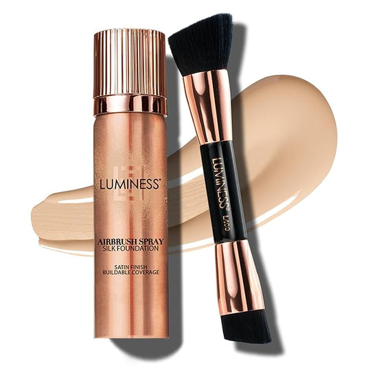 LUMINESS Silk Airbrush Spray Foundation 2-PC Kit - Foundation & Dual-Sided Angled Makeup Brush - Buildable Coverage, Anti-Aging Formula, Humidity Resistant, Hydrates & Moisturizes, Light Fair-Velvo Beauty