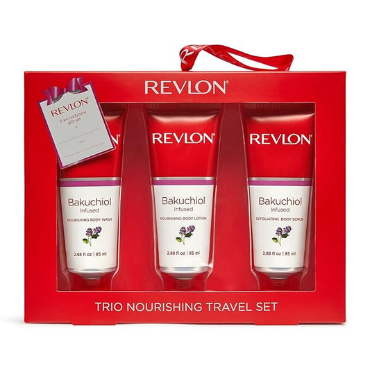 REVLON Get Carried Away Trio Nourishing Travel Set, Bakuchiol Infused, Nourishing Body Wash, Body Lotion, Exfoliating Body Scrub, 3 Count (2.88 fl oz)-Velvo Beauty