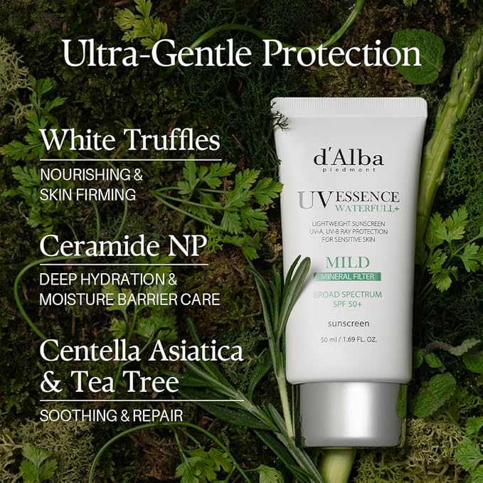 d'alba Piedmont Italian White Truffle Waterfull Mild Sunscreen, Vegan, Mineral Sunscreen, BROAD SPECTRUM SPF 50+ Non-Nano Suitable for Sensitive Skin, Korean Skin Care (1.69 fl. oz)-Velvo Beauty