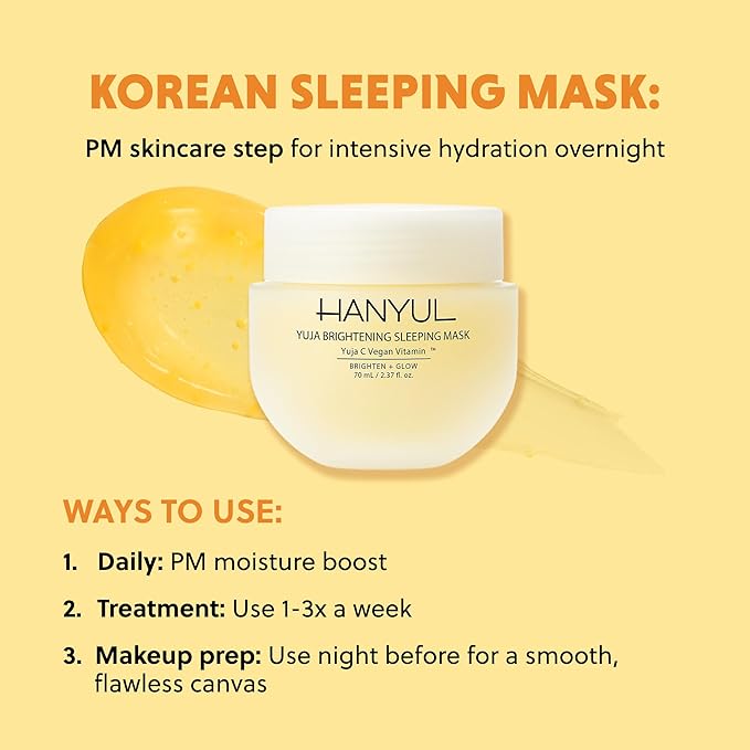 Hanyul Yuja Sleeping Mask | Korean Yuzu Night Cream, Vitamin C for Glow, Radiance, Brightening, Vegan Hydrating Overnight Moisturizer with Hyaluronic Acid, Niacinamide & Antioxidants 2.37 fl. oz.-Velvo Beauty