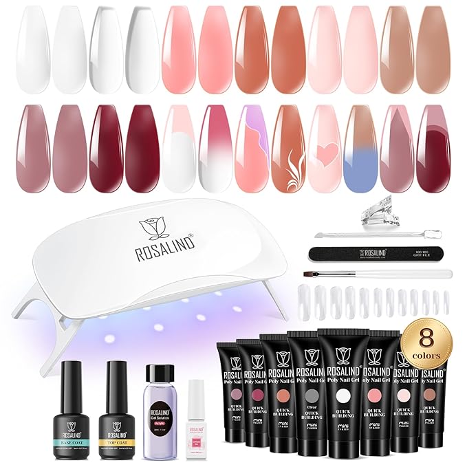 ROSALIND Poly Nail Gel Kit -8 Colors + White Brown Accessories Clear Nude Poly Nails Gel Starter Kit With Slip Solution Nude Pink Extensions Set with Mini UV Lamp-Velvo Beauty
