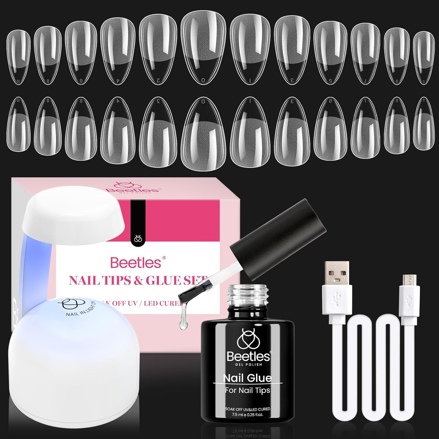 Beetles Gel Nail Kit Amond Shape - 504Pcs Gel Nail Kit Easy Nail Extension Set Etch X Nail Tips Short Medium Almond Half Matte Nail Tips 9 in 1 Nail Glue Uv Led Nail Gift for Women-Velvo Beauty