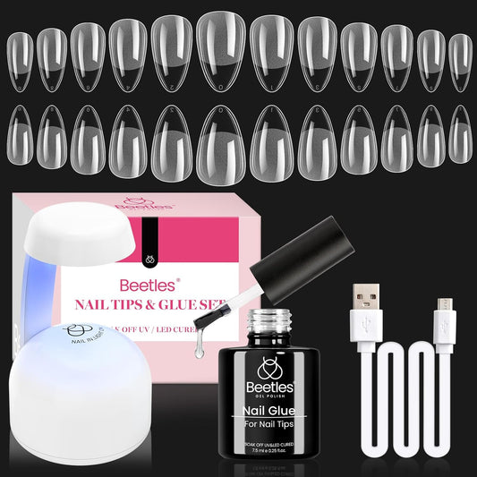 Beetles Gel Nail Kit Amond Shape - 504Pcs Gel Nail Kit Easy Nail Extension Set Etch X Nail Tips Short Medium Almond Half Matte Nail Tips 9 in 1 Nail Glue Uv Led Nail Gift for Women-Velvo Beauty